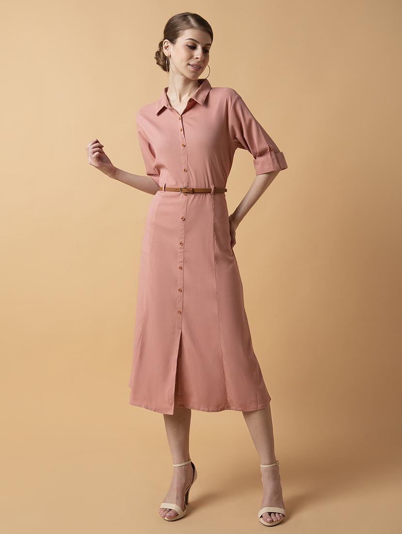women peach solids roll up sleeves a-line dress - 21514563 - Standard Image - 5