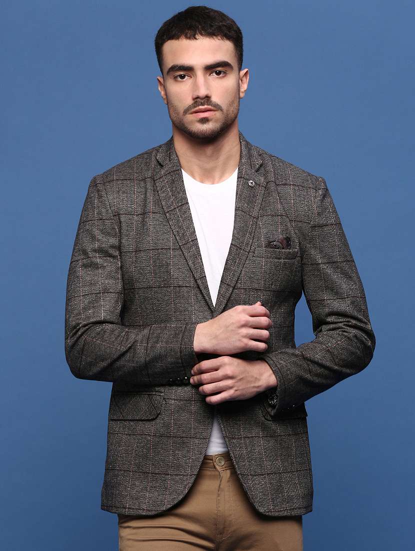 men checks single breasted casual blazer