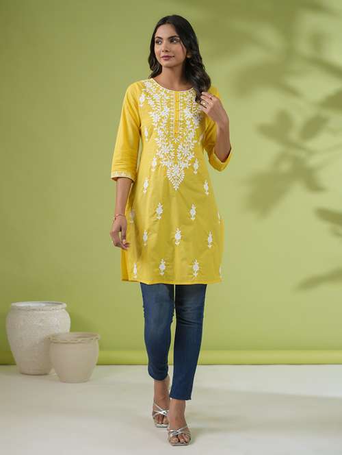 women chikankari work round neck kurti - 21514599 -  Standard Image - 0