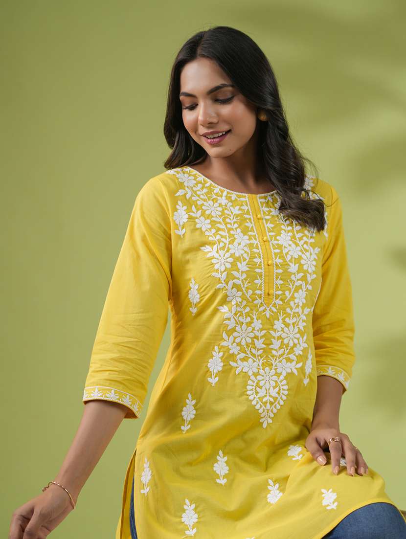 women chikankari work round neck kurti - 21514599 - Standard Image - 5