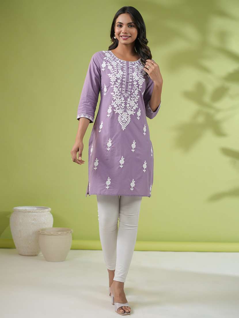 women chikankari work round neck kurti - 21514601 - Zoom Image - 0