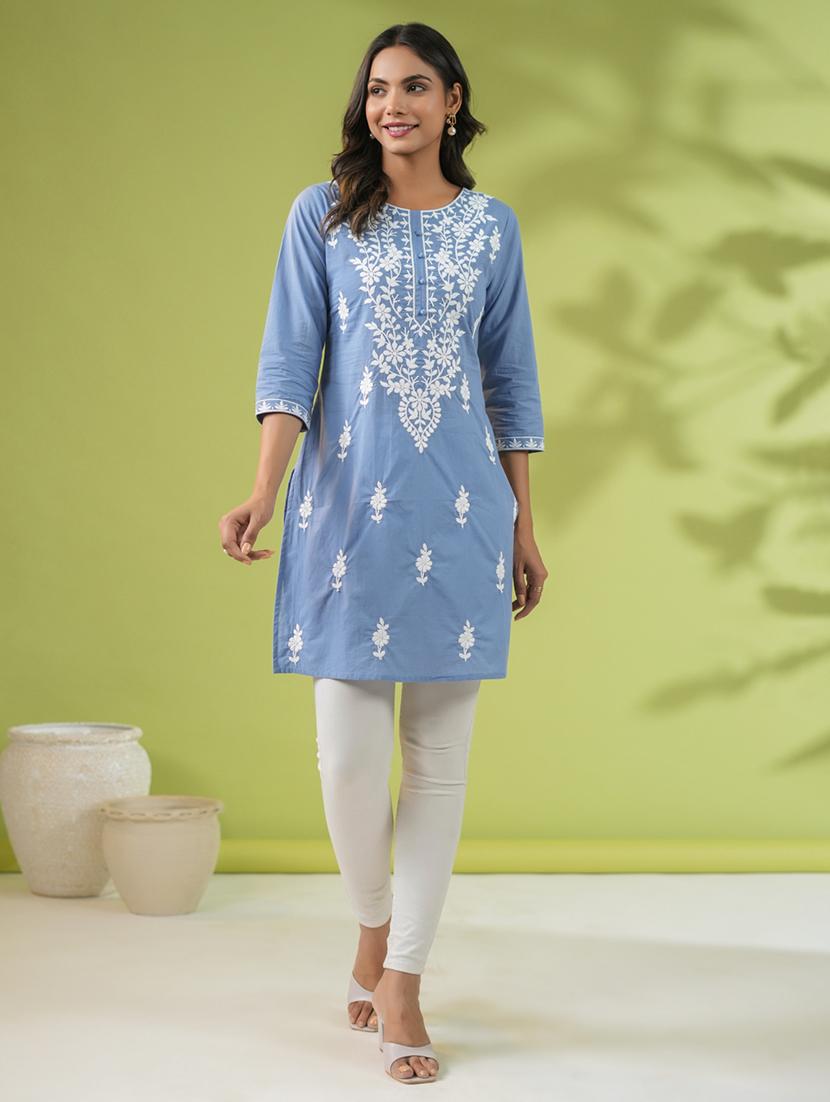 women chikankari work round neck kurti - 21514602 - Zoom Image - 0