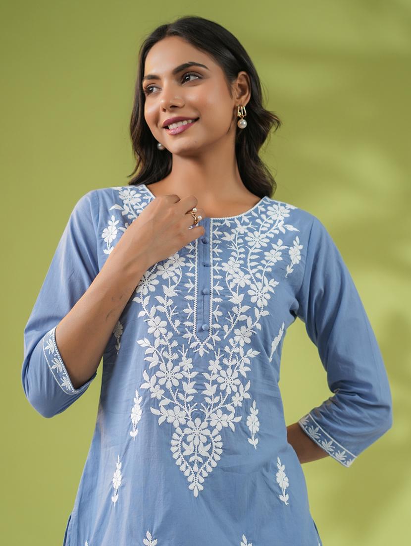 women chikankari work round neck kurti - 21514602 - Standard Image - 5