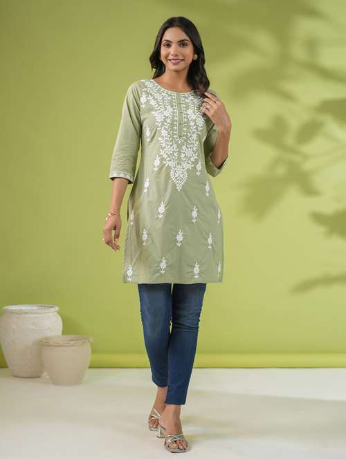 women chikankari work round neck kurti - 21514603 -  Standard Image - 0