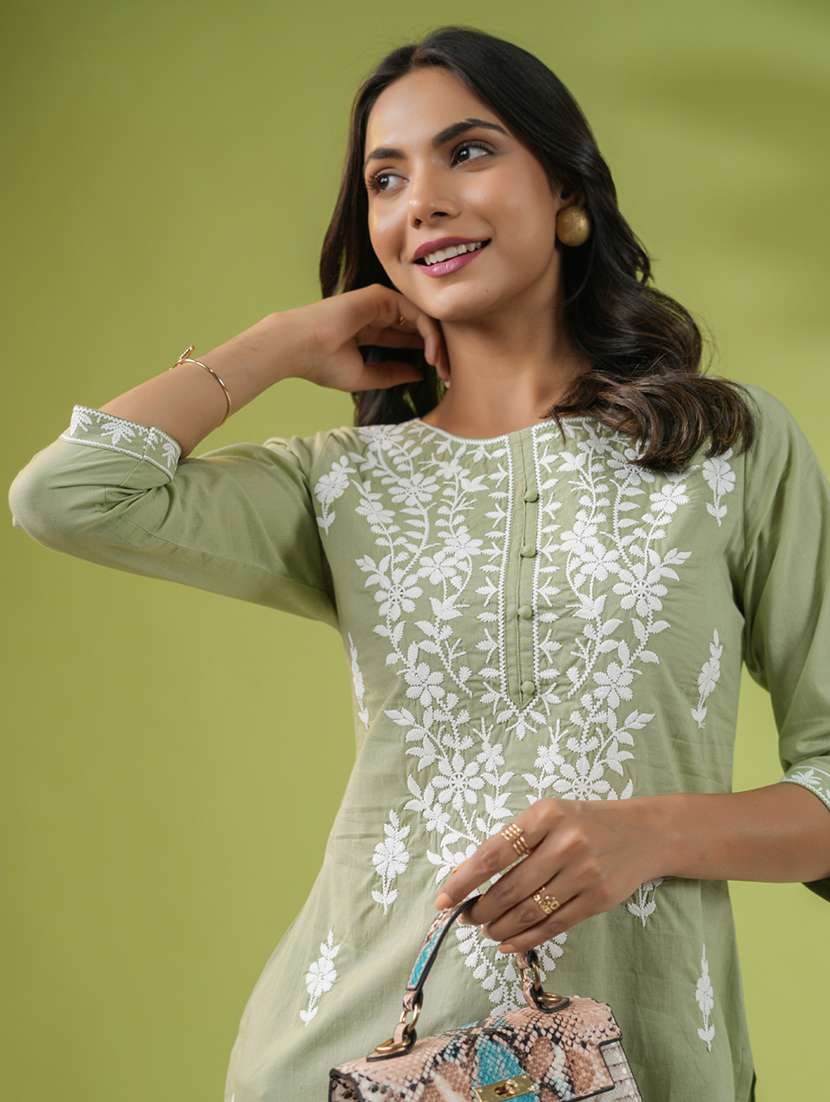 women chikankari work round neck kurti - 21514603 -  Standard Image - 3
