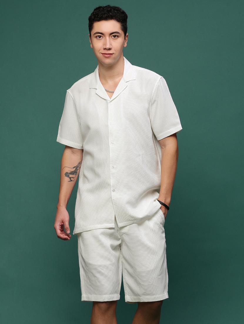 men white cotton blend shirt & shorts co-ord set - 21514640 -  Zoom Image - 0