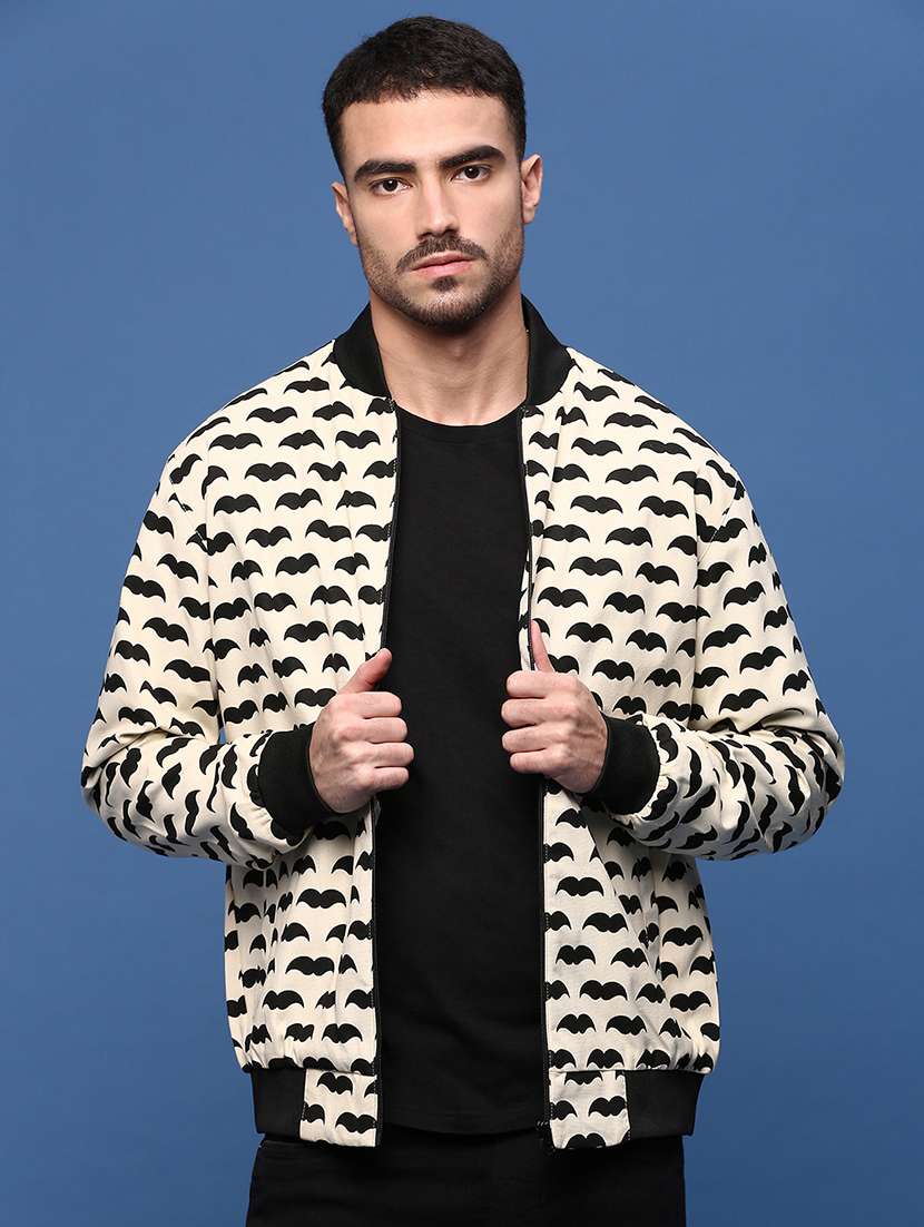 men cream printed bomber jacket