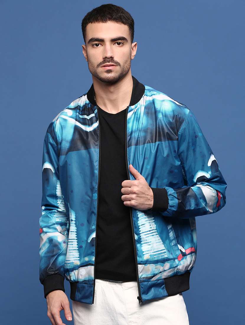men blue printed bomber jacket - 21514679 -  Zoom Image - 0