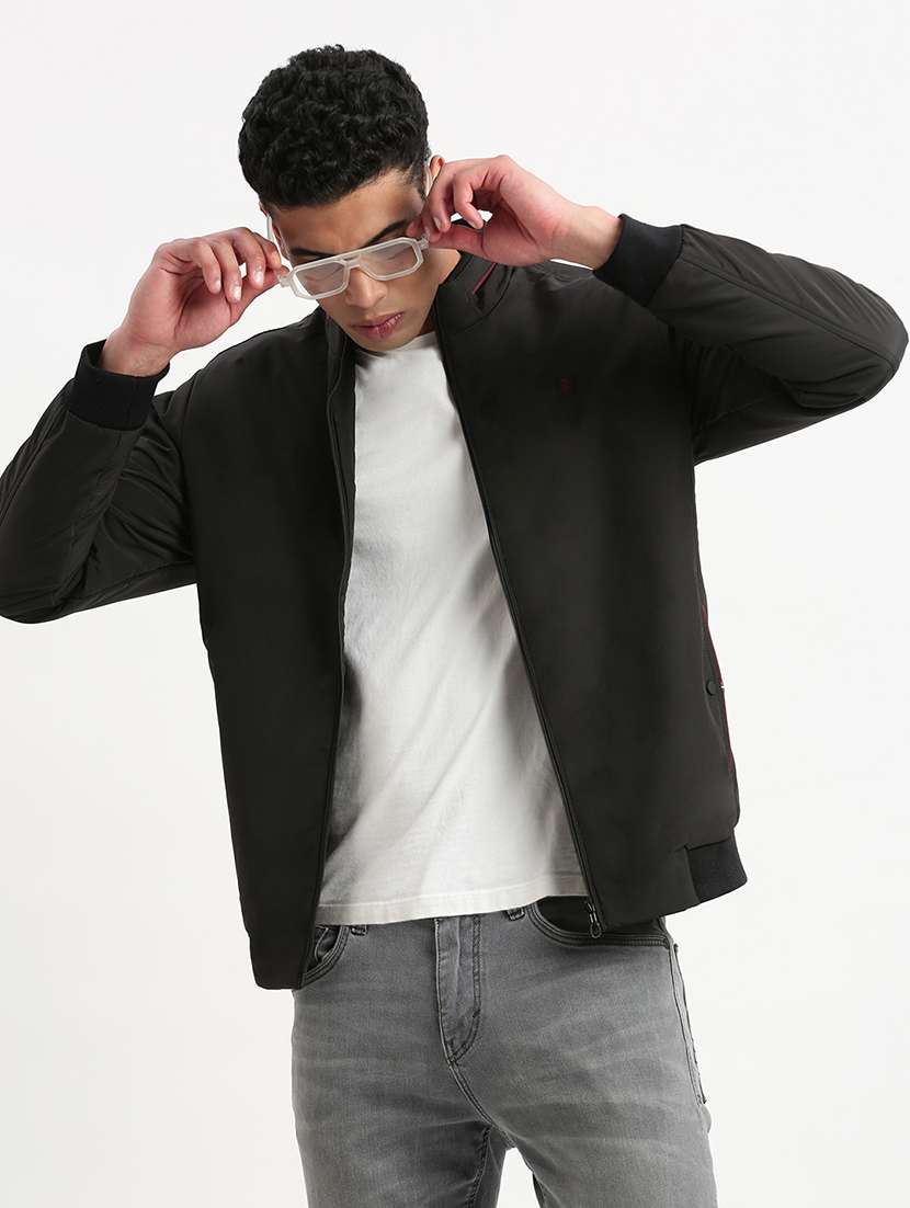 men black solid bomber jacket - 21514681 -  Standard Image - 5