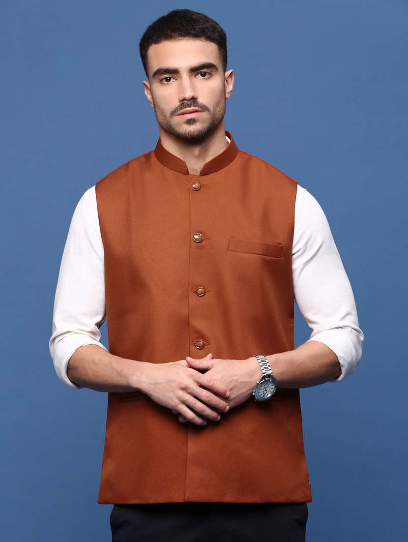 men rust solid nehru jacket