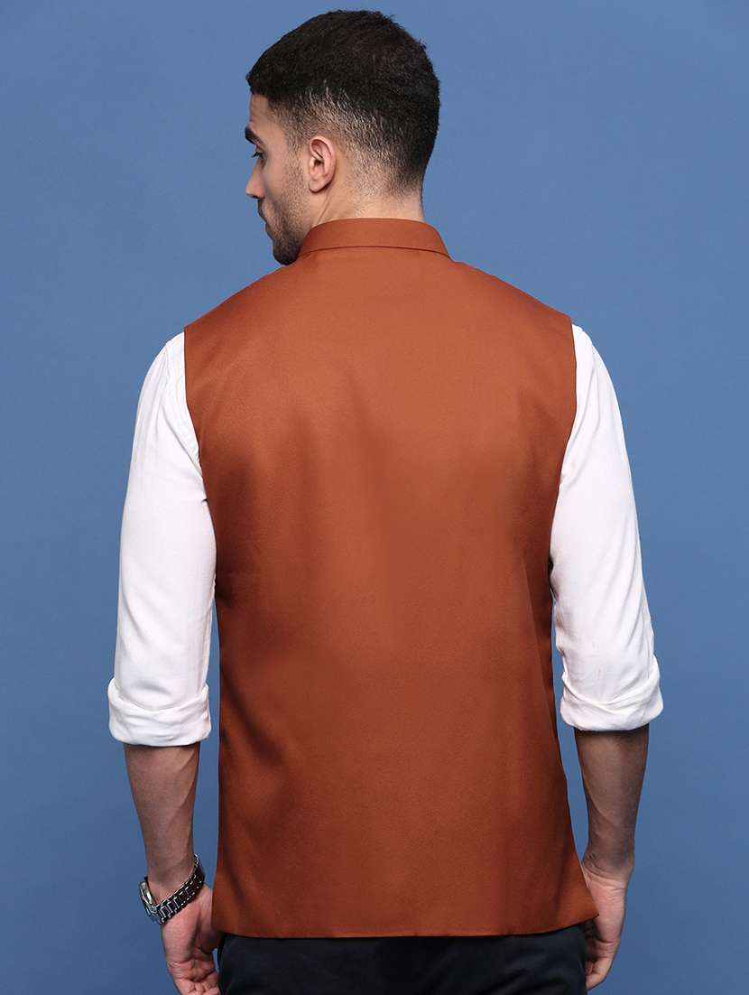 men rust solid nehru jacket - 21514690 -  Standard Image - 3