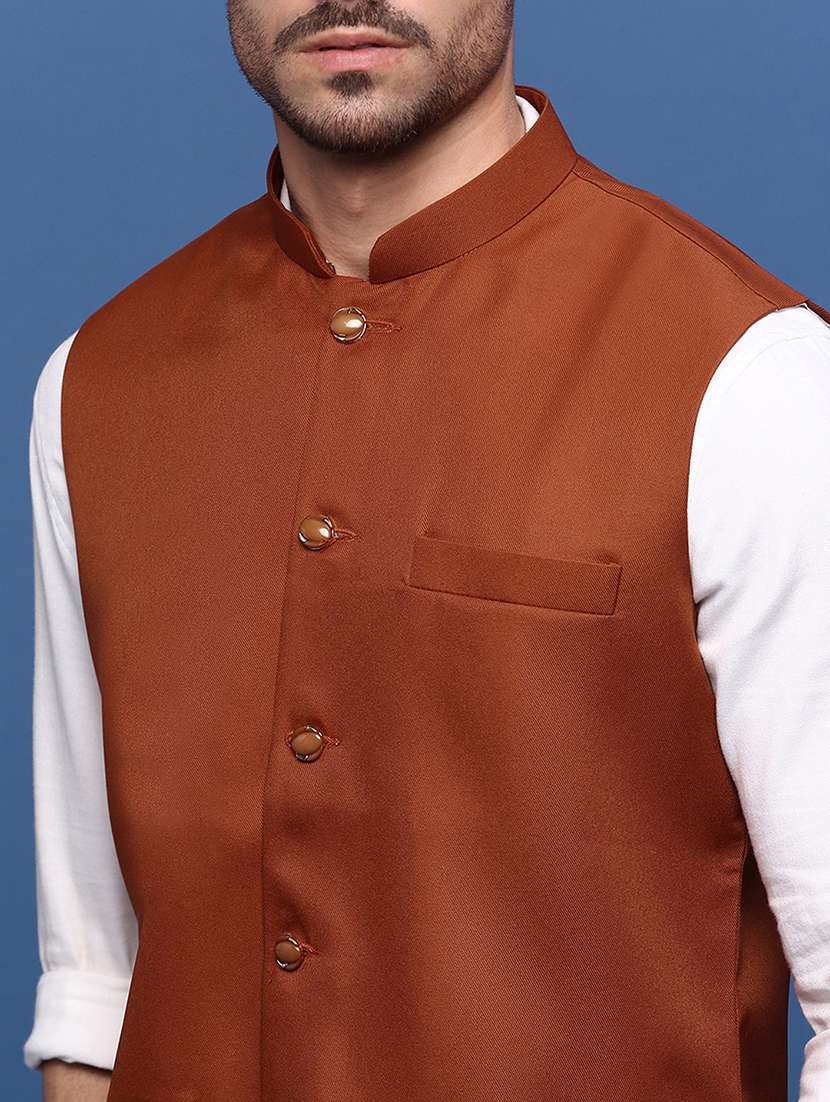 men rust solid nehru jacket - 21514690 -  Standard Image - 5