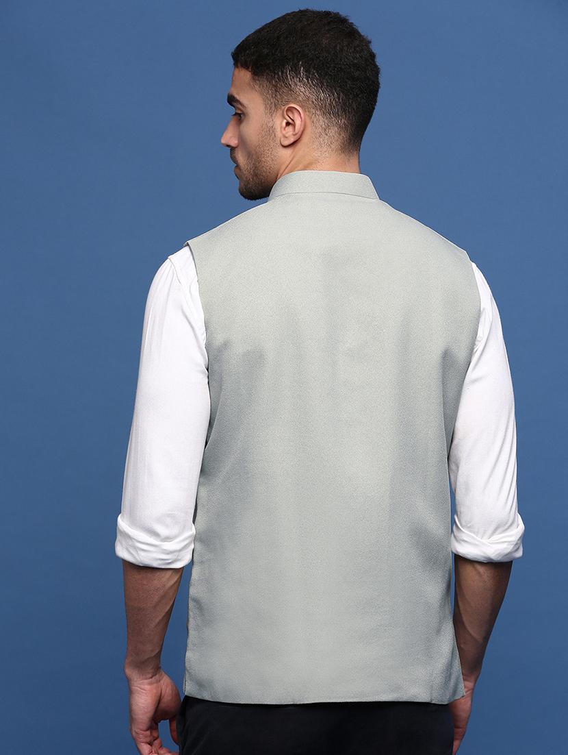 men sea green solid nehru jacket - 21514692 - Standard Image - 3