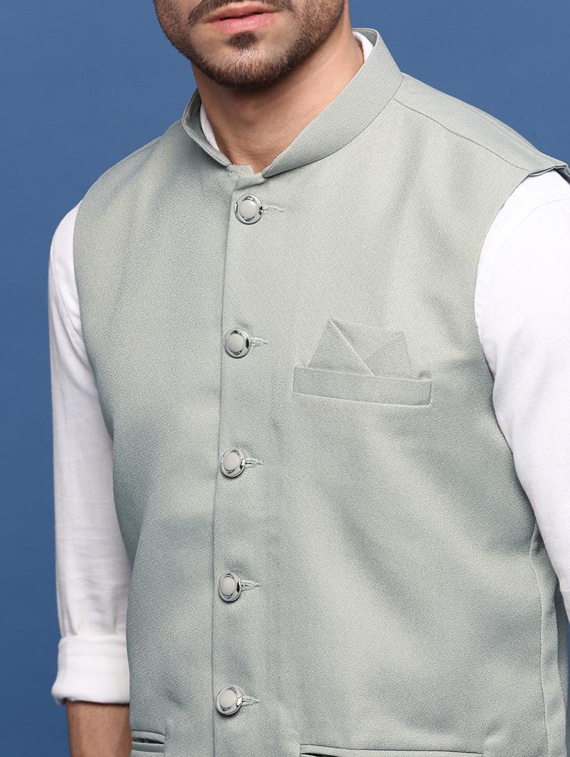 men sea green solid nehru jacket - 21514692 - Standard Image - 5