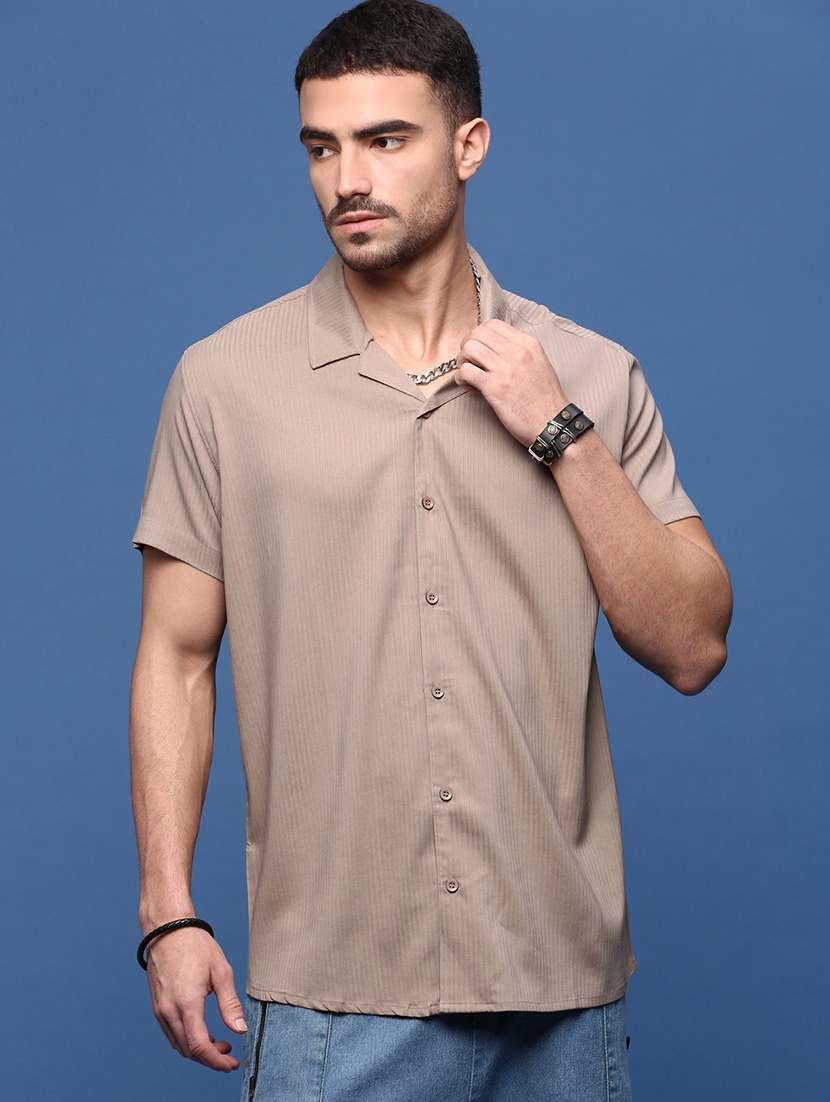 men brown cotton blend casual shirt