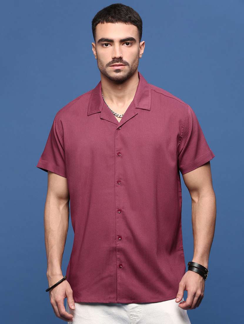 men burgundy cotton blend casual shirt
