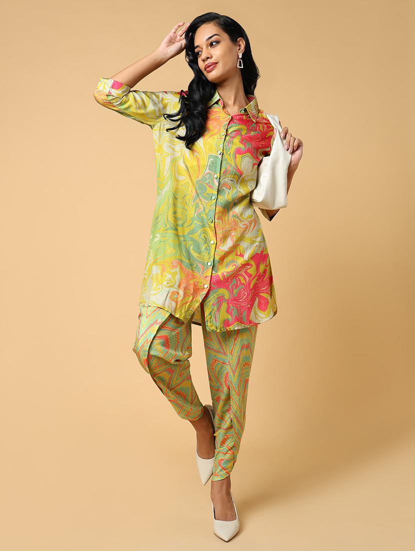 women lime green viscose dhotti and top co-ord set - 21514850 - Standard Image - 5