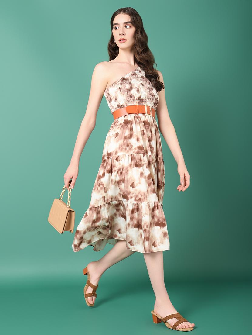 women brown single shoulder neck fit & flare dress - 21514873 - Standard Image - 5