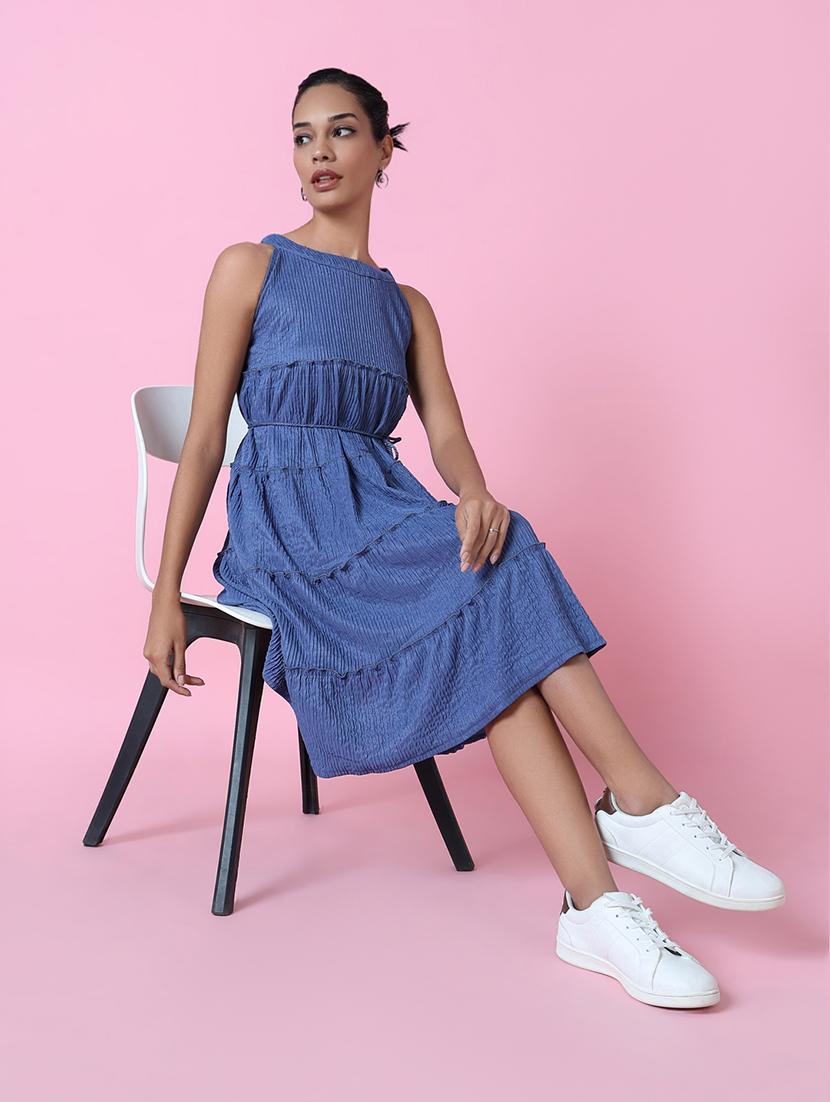 women blue solid fit & flare dress - 21514888 - Standard Image - 5