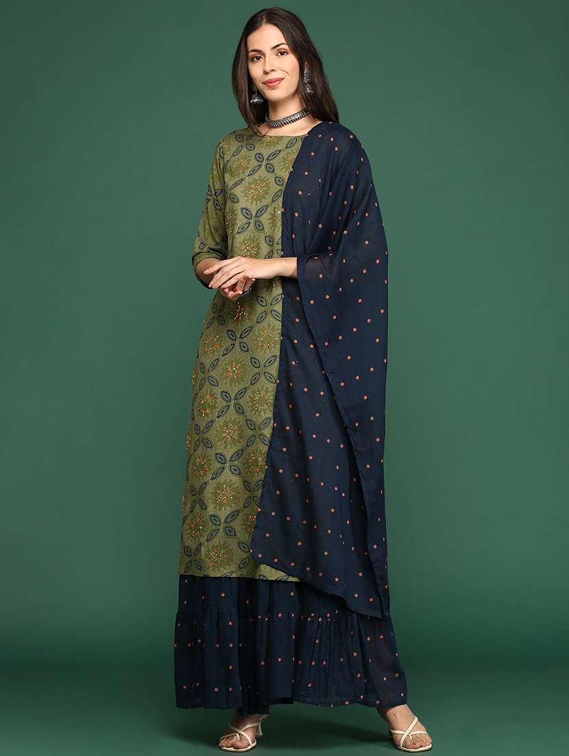 women olive printed kurta skirt set with dupatta - 21514920 -  Zoom Image - 0