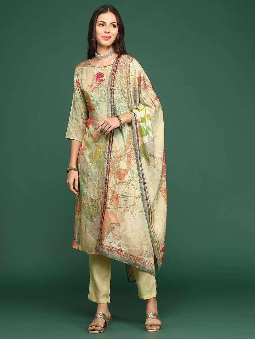 women neo mint printed kurta pant set with dupatta