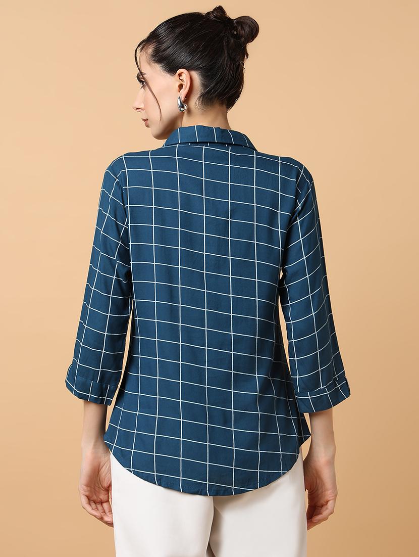 women teal cotton blend regular shirt - 21514925 - Standard Image - 3