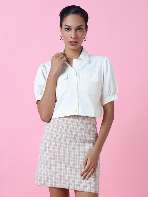 women white cotton blend crop shirt - 21514929 - Standard Image - 0