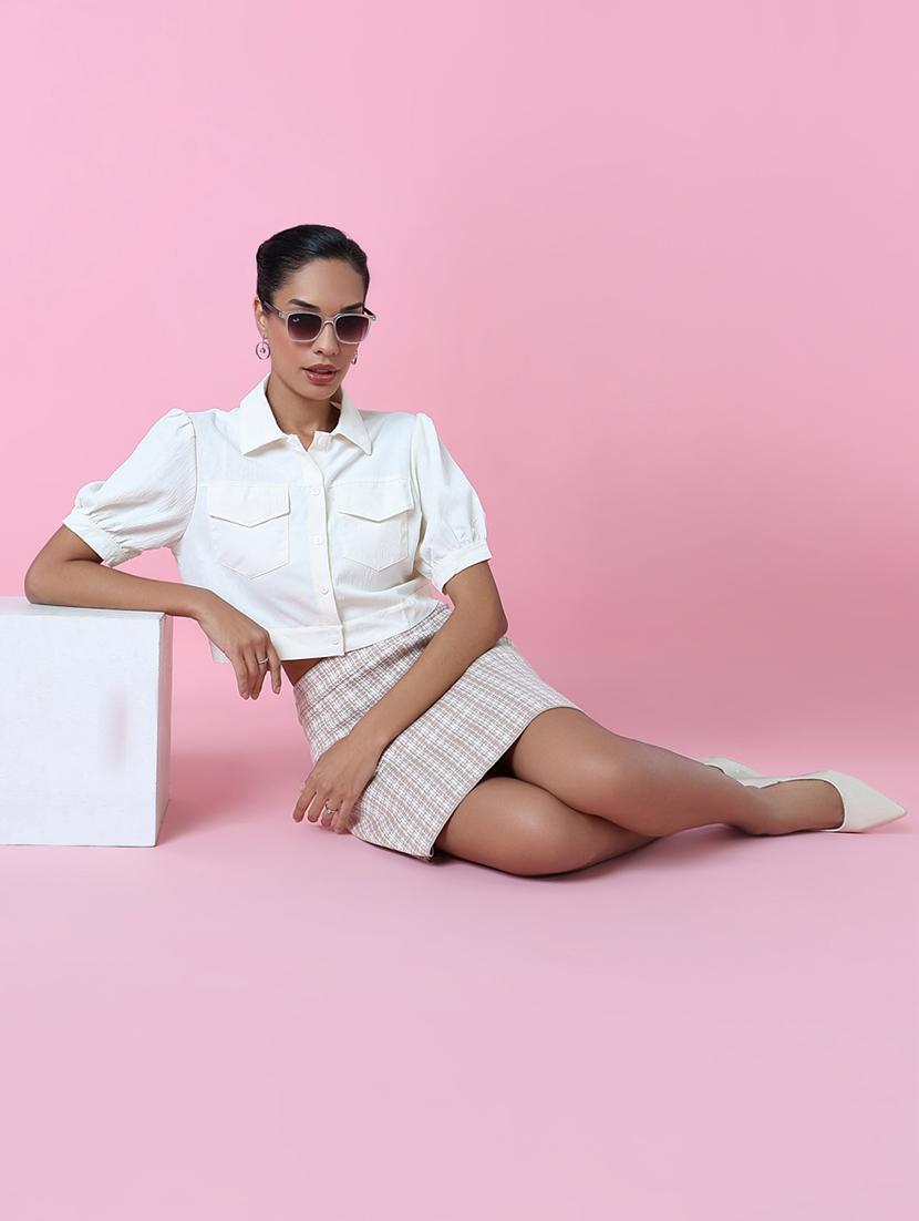 women white cotton blend crop shirt - 21514929 - Standard Image - 5