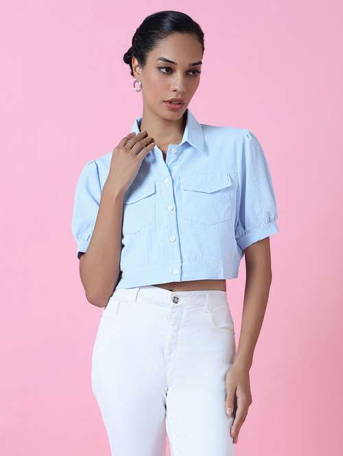 women light blue cotton blend crop shirt - 21514930 -  Standard Image - 0