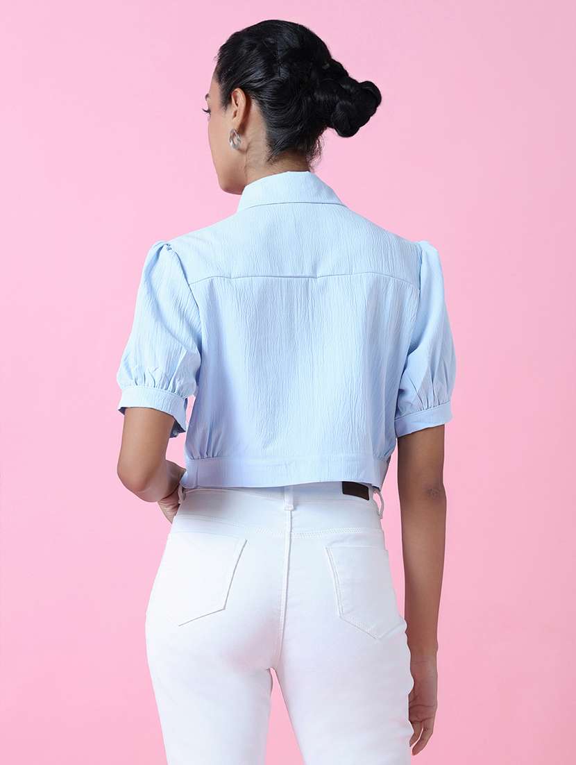 women light blue cotton blend crop shirt - 21514930 - Standard Image - 3