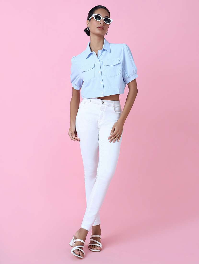 women light blue cotton blend crop shirt - 21514930 - Standard Image - 5