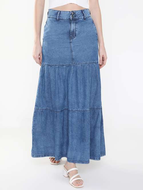 women blue denim tiered skirt - 21514955 - Standard Image - 0