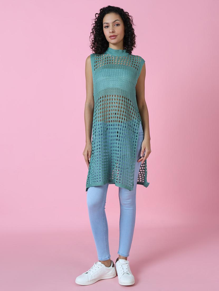 women sea green solid crochet top - 21514974 -  Zoom Image - 0
