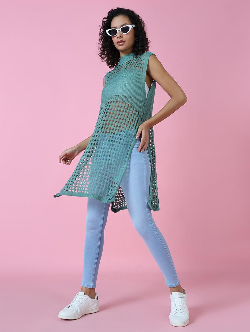 women sea green solid crochet top - 21514974 - Standard Image - 5