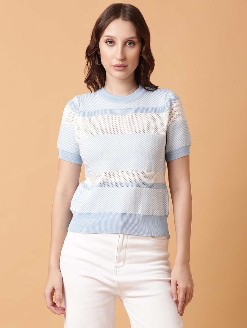 women blue crochet regular top