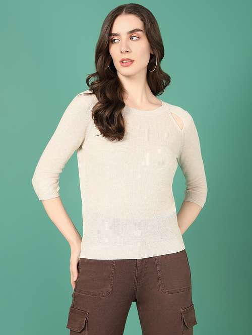 women beige solids round neck top - 21514998 - Standard Image - 0