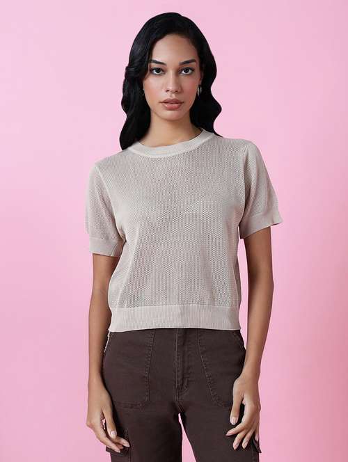 women beige crochet regular top - 21515008 -  Standard Image - 0
