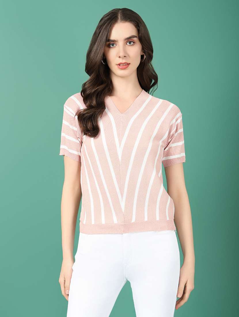 women peach stripes regular top