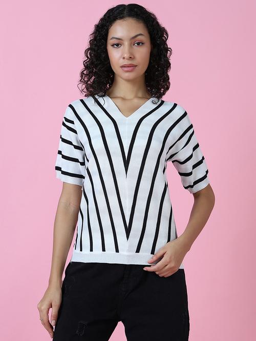 women white stripes v neck top - 21515012 - Standard Image - 0
