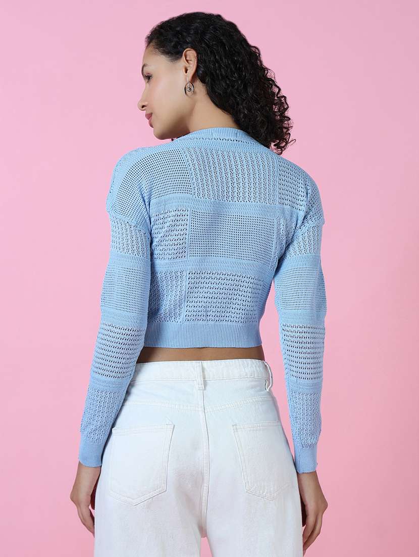 women light blue self design long sleeves crop top - 21515016 -  Standard Image - 3