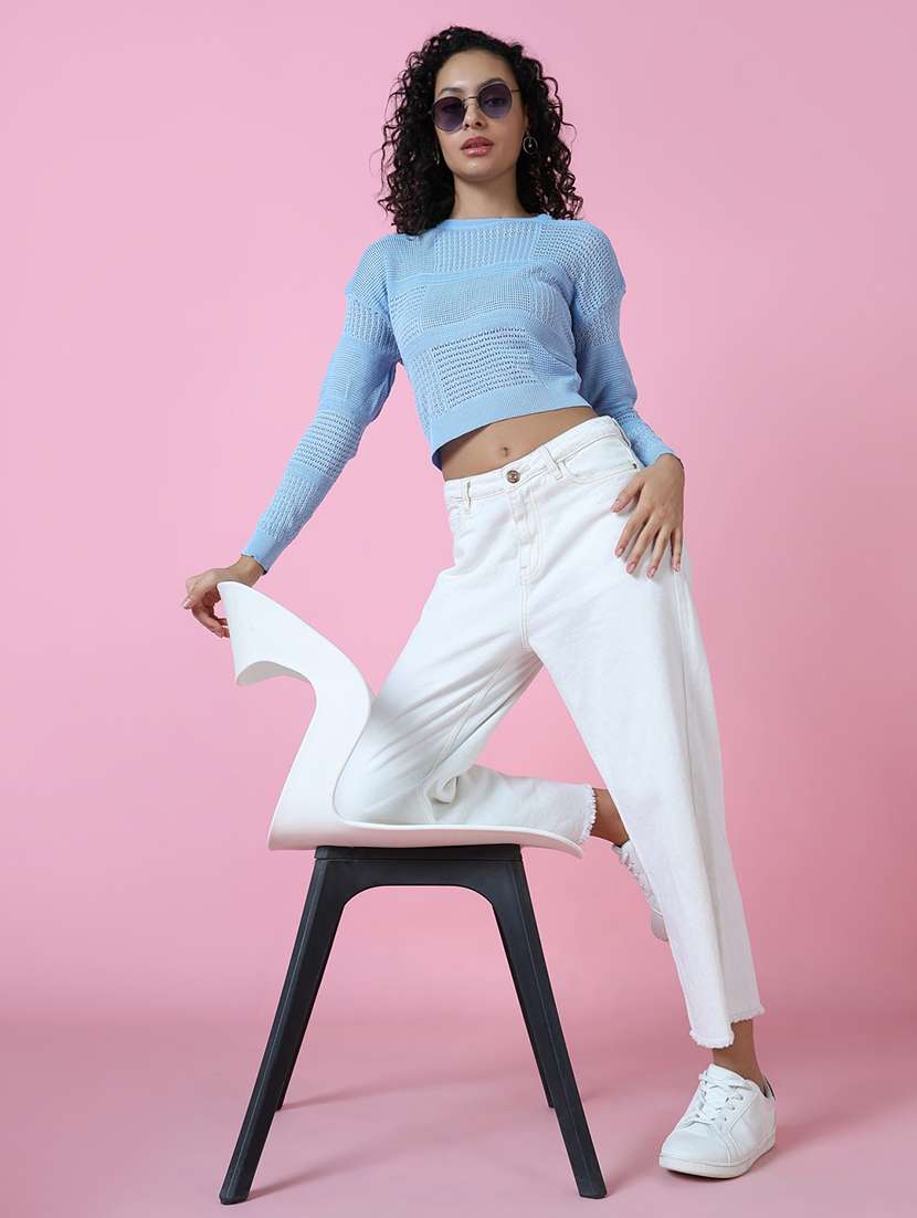 women light blue self design long sleeves crop top - 21515016 -  Standard Image - 5