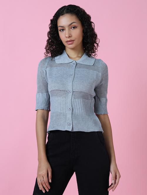 women grey self design collared neck shirt top - 21515089 - Standard Image - 0