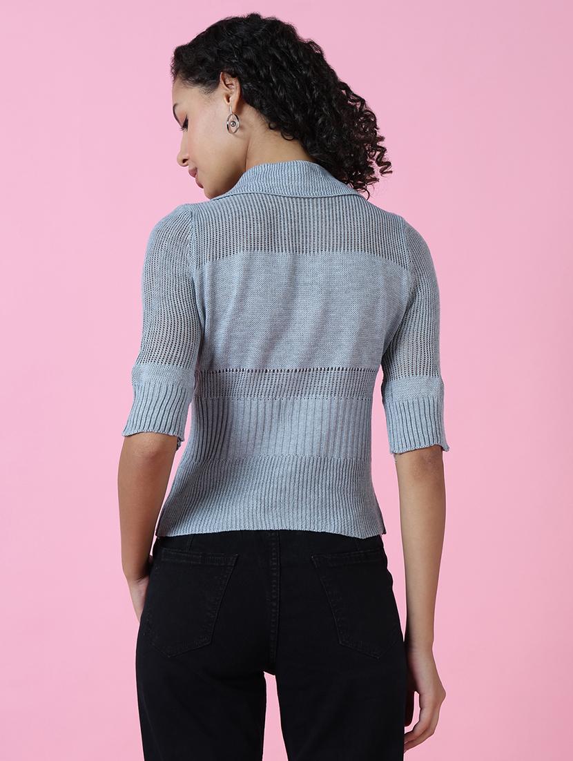 women grey self design collared neck shirt top - 21515089 - Standard Image - 3