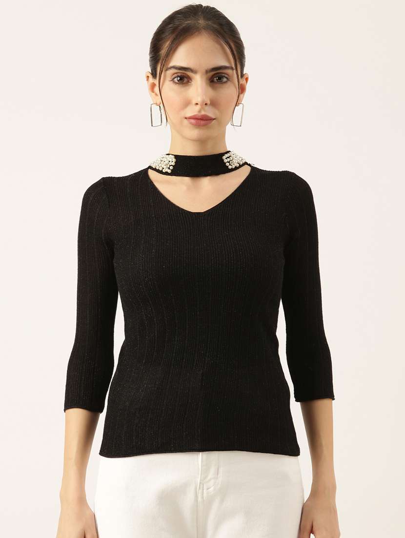 women black self design choker neck top