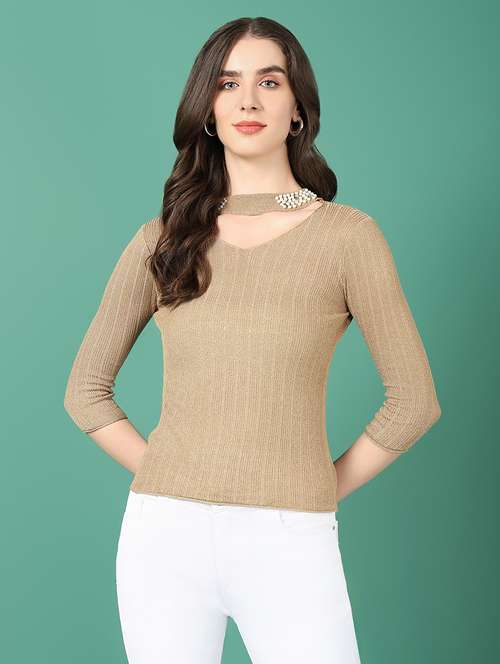 women beige self design choker neck top - 21515097 -  Standard Image - 0