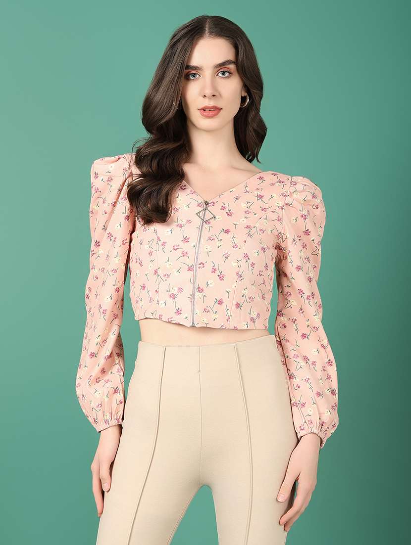 women pink floral printed crop top