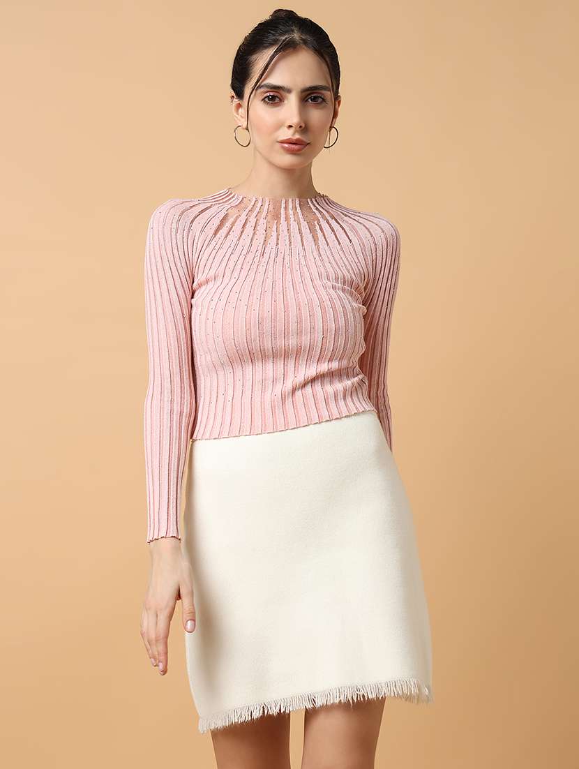 women peach solid with work long sleeves top