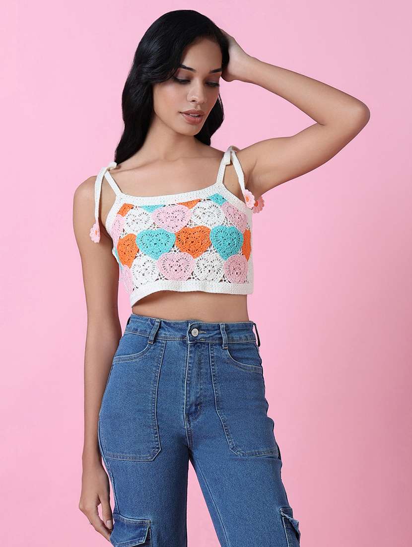 women sleeveless crochet crop top