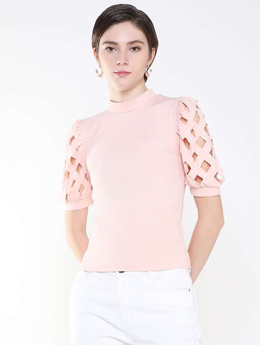 women solid puff sleeves mock neck top