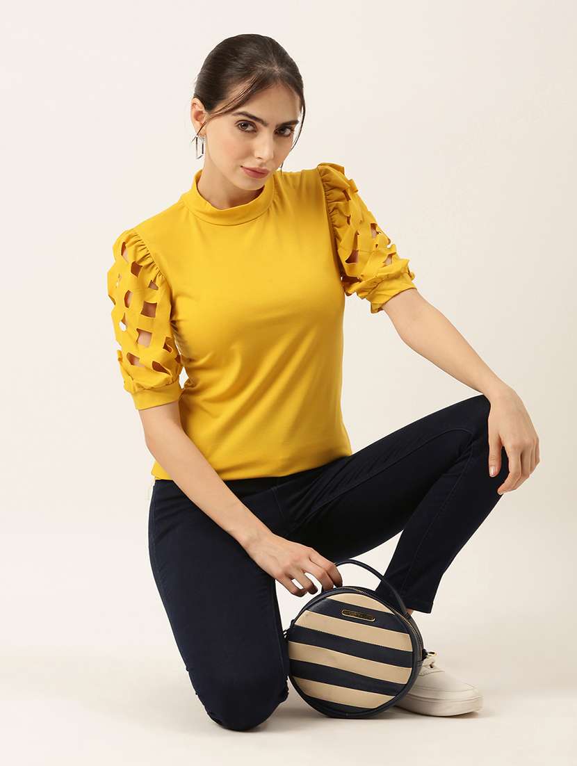 women solid puff sleeves mock neck top - 21515175 -  Standard Image - 5